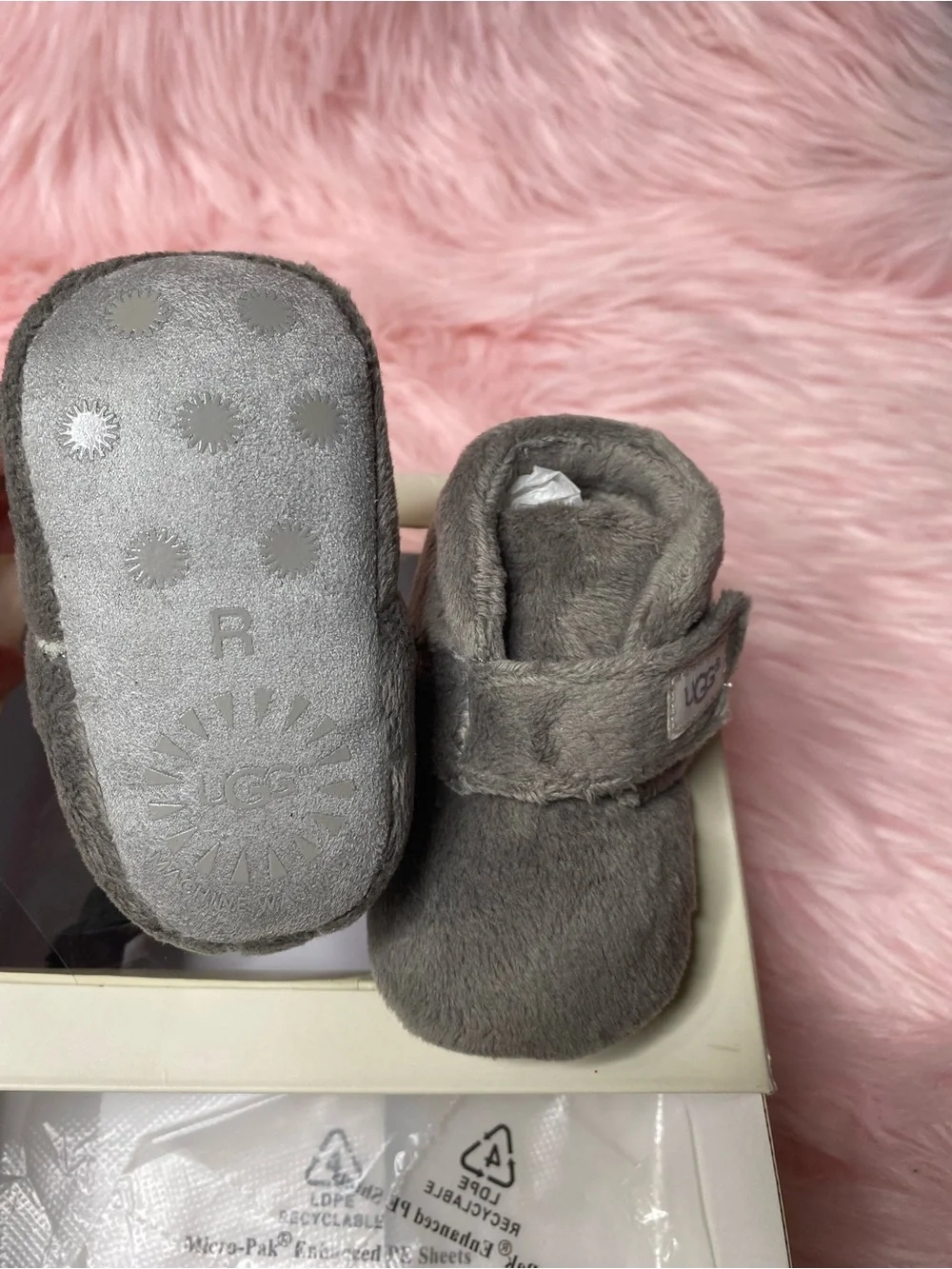 UGG Grey Plush Infant Booties with Hook-and-Loop Strap